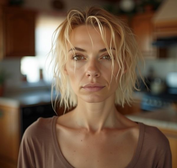 Freni mein Engel steht fröhlich vor einer Küche in U-Form