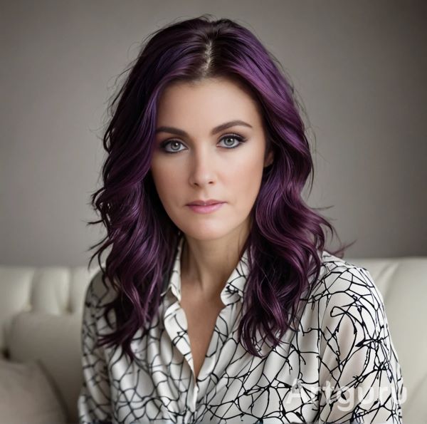 Ivie auf der Couch sitzend mit lila Haaren und einfach wunderschön